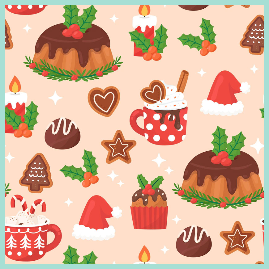 圖片包含：可愛咖啡圖片，包含聖誕樹、聖誕帽、薑餅、禮物和裝飾