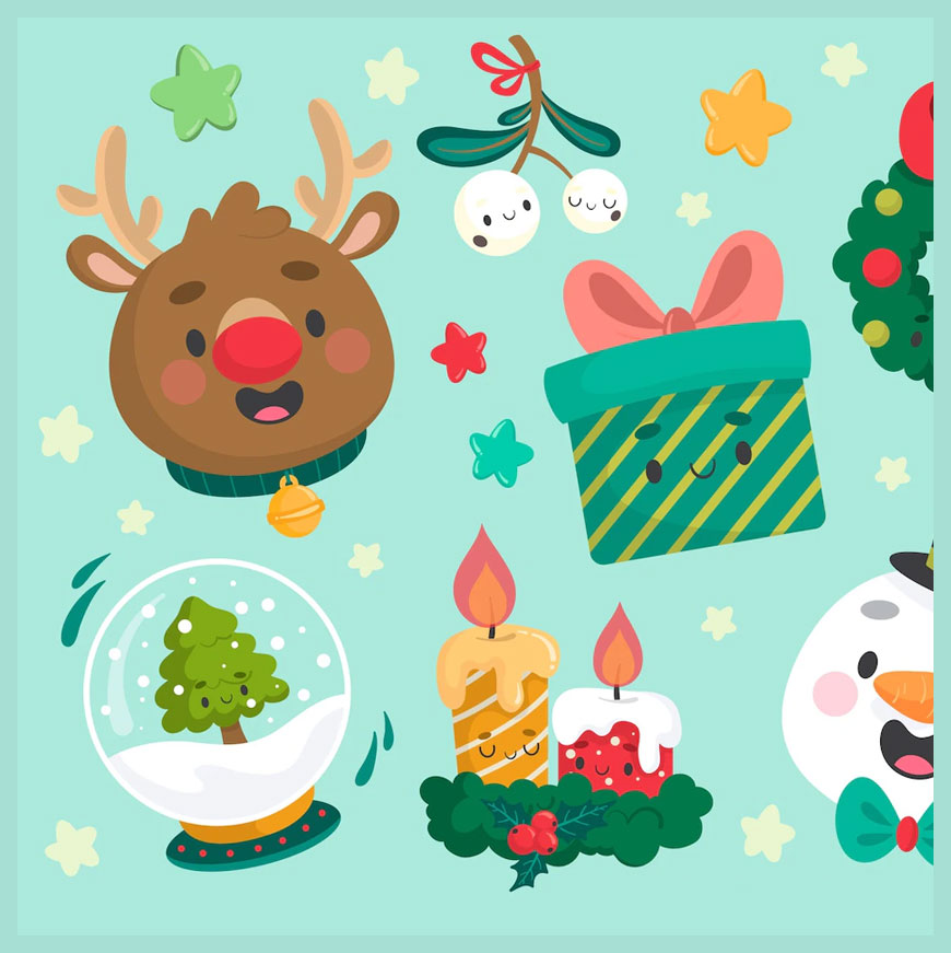 圖片包含：可愛聖誕圖片，包含聖誕樹、雪人、鹿、禮物和裝飾