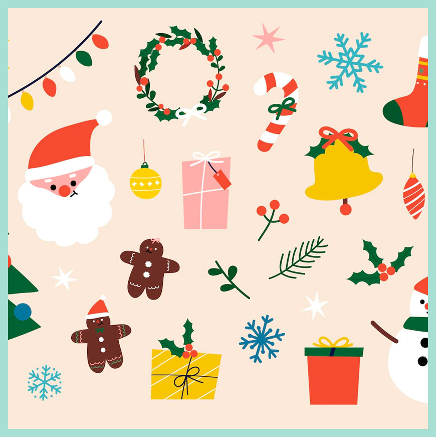 圖片包含：可愛聖誕圖片，包含聖誕樹、薑餅人、雪花、鈴鐺、雪人、鹿、禮物和裝飾