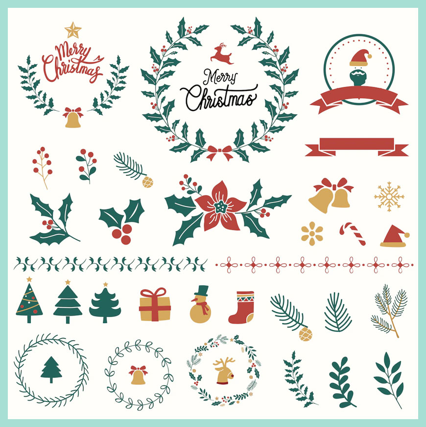 圖片包含：聖誕花圈、聖誕 Logo，聖誕樹、鈴鐺、鹿、禮物和裝飾