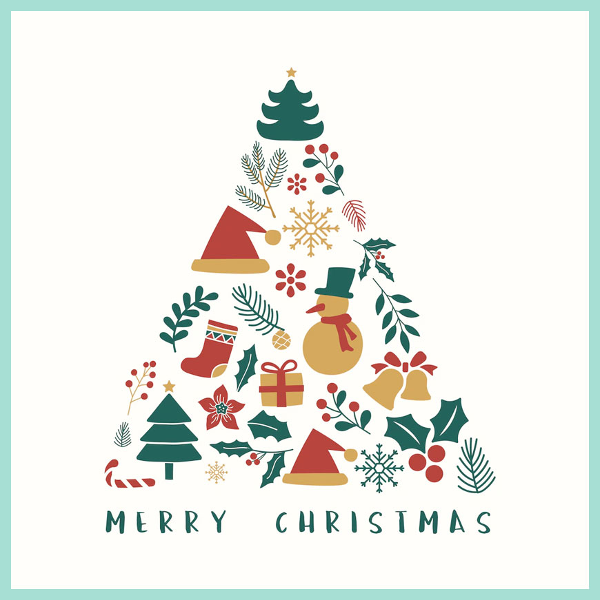 圖片包含：含聖誕樹、雪人、鈴鐺、雪花、禮物和裝飾