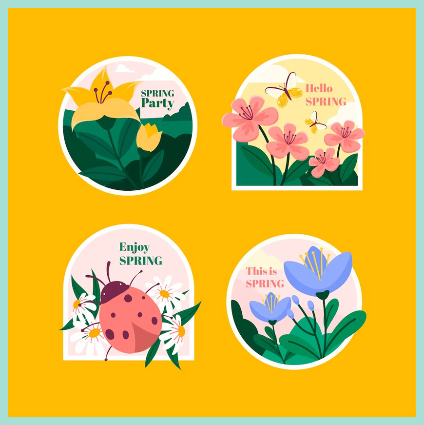 可愛花卉和春季氣息的圖片，包含蝴蝶、蜜蜂、裝飾物