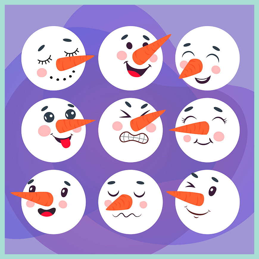 圖片包含:9 個雪人的面部表情圖案